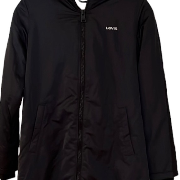 LEVI’S navy blue oversized XS 3/4 hooded stadium style coat shearling lined - Picture 10 of 16